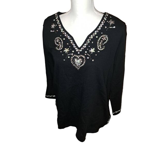 SALE!! NWT-Quacker Factory Black Heart Sequin/Bead Embellished T-Shirt XL - Picture 1 of 8